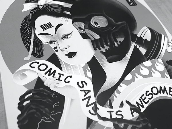 Illustration einer Frau, die ein Banner mit der Aufschrift „Comic Sans is awesome“ hochhält.