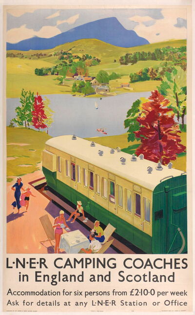 Illustriertes britisches Reiseplakat für Urlaub im Eisenbahnwaggon an einem See