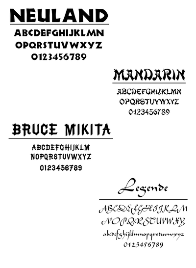 Beispieltext in den Schriften Neuland, Mandarin, Bruce Mikita und Legende 