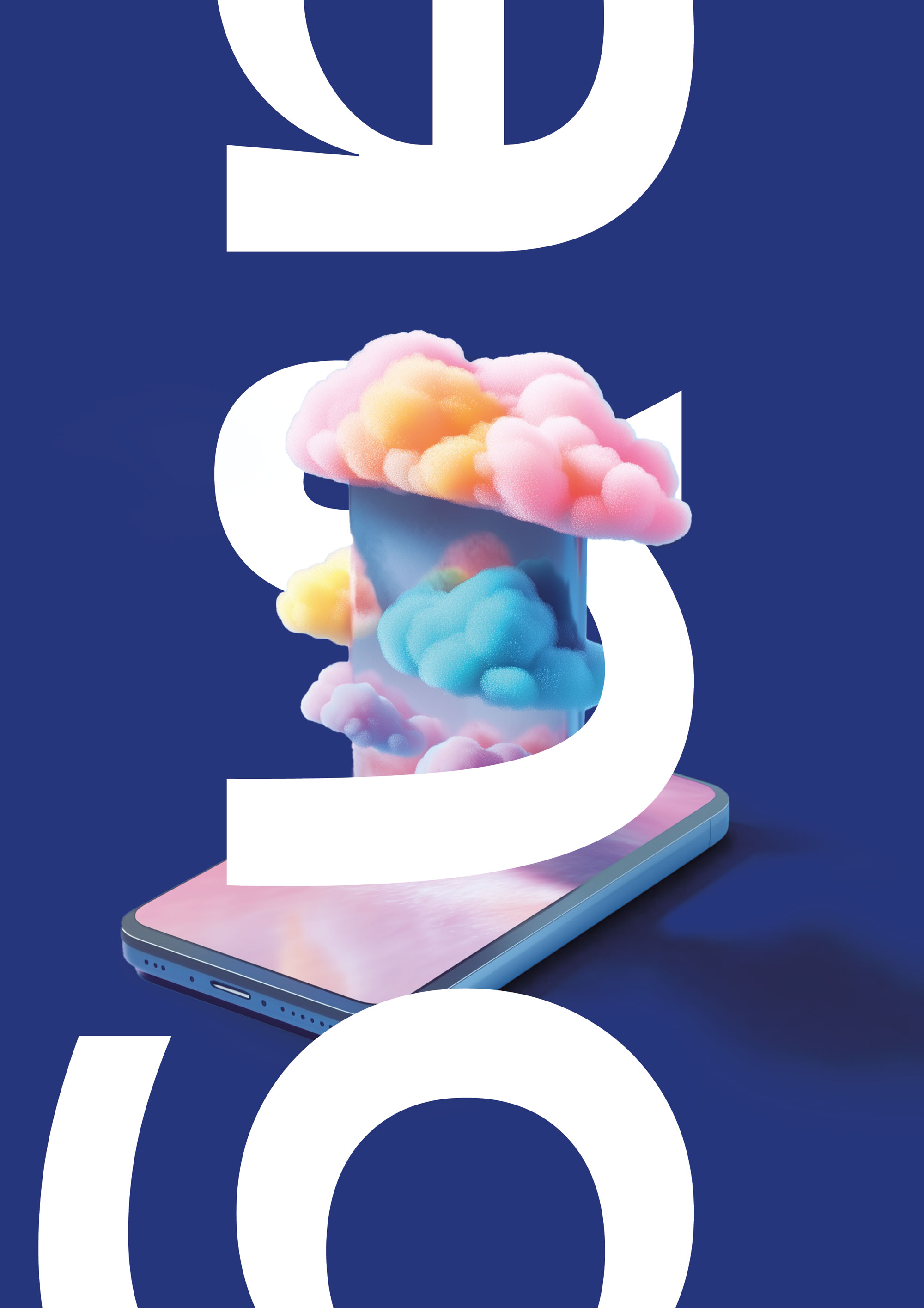 Smartphone mit bunten, wolkenartigen Formen, die aus dem Bildschirm aufsteigen, vor blauem Hintergrund mit großen weißen Buchstaben
