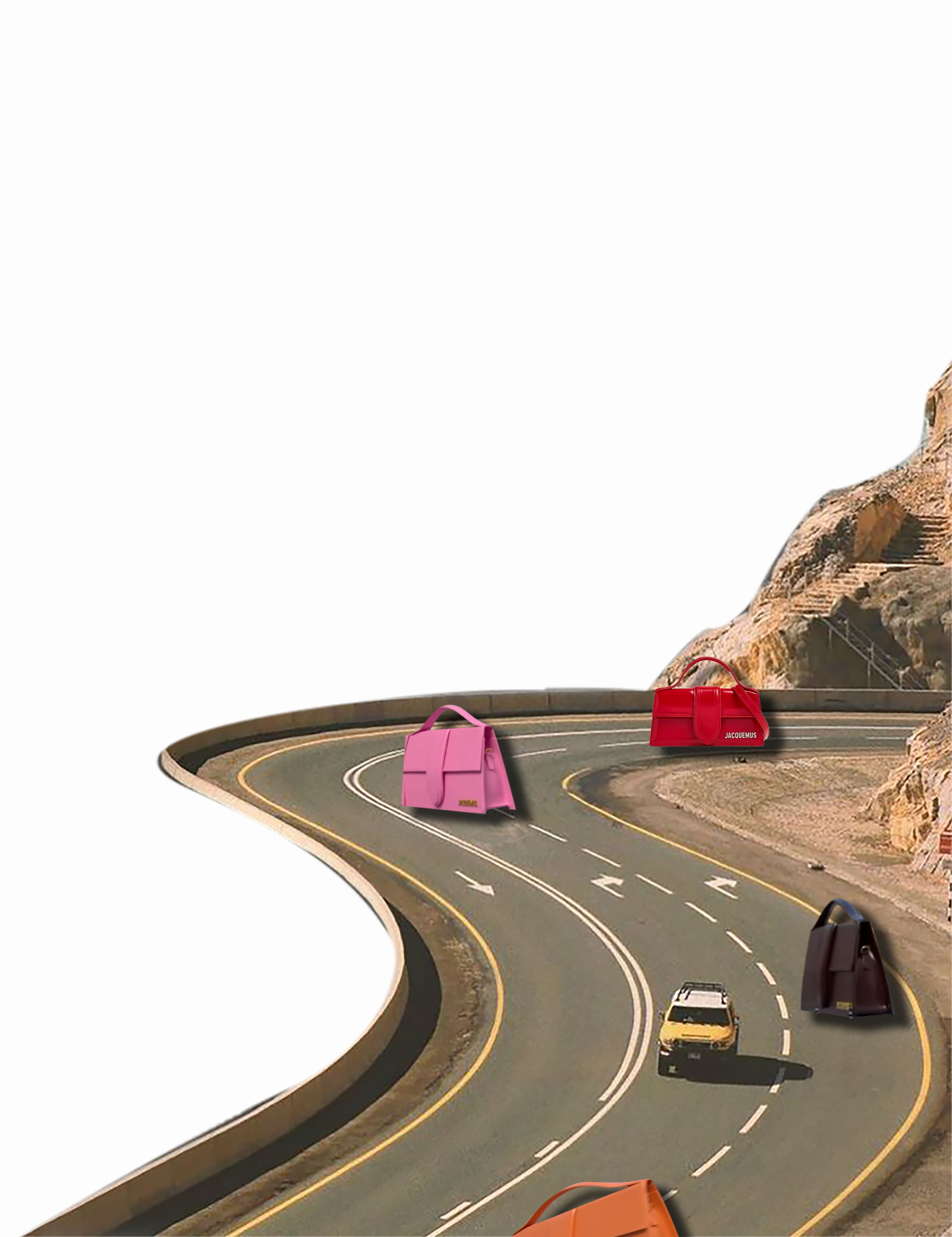 Kurvige Bergstraße mit vier großen Handtaschen in Pink, Rot, Dunkelbraun und Orange, die wie Fahrzeuge auf der Straße platziert sind